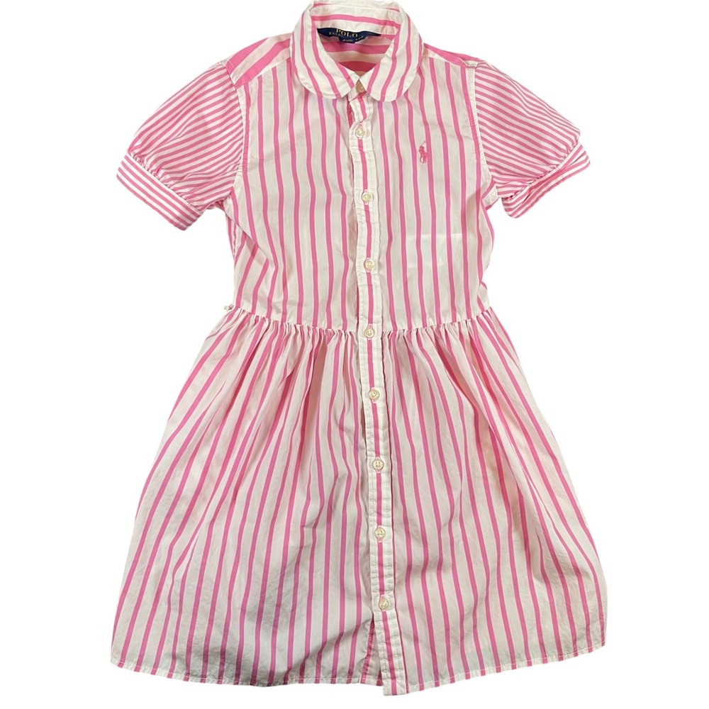 Polo Ralph Lauren Striped Shirt Dress Girls Size 6 Pink White‎ Pony Preppy